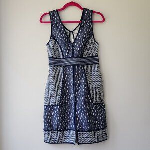 H&M Mixed Media Sheath Dress | Size 4 | Blue White Jacquard Princess Seams